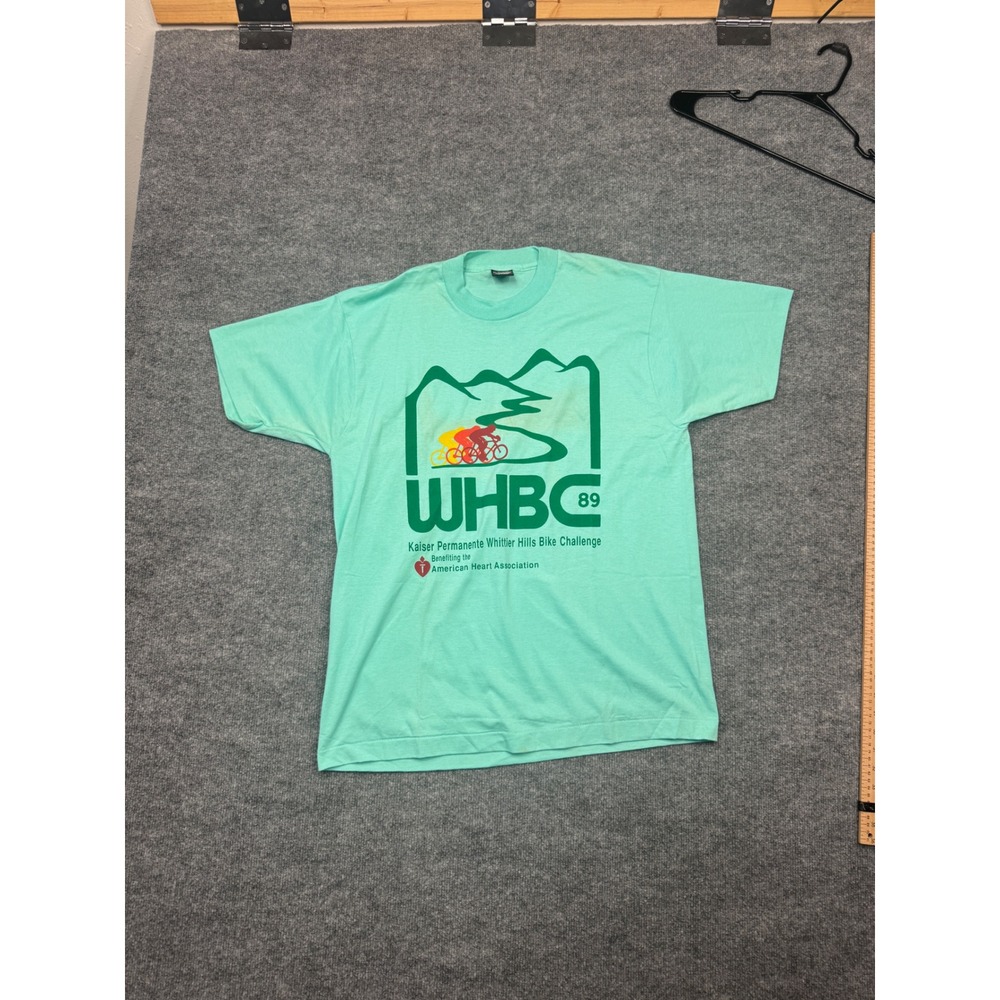 Vintage 1989 Screen Stars WHBC Bike Challenge T-Shirt XL Seafoam Green 80s USA